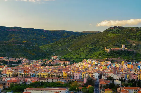 stock image The town of Bosa and the old Castle of Serravalle built by the Marquis of Malaspina in 1112 at sunset, Oristano, Sardinia, Italy