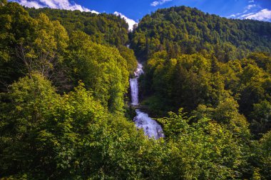 Çok katmanlı Giessbach Şelaleleri İsviçre 'nin Brienz Gölü yakınlarındaki sık yeşil ormandan çağlayarak geçiyor..