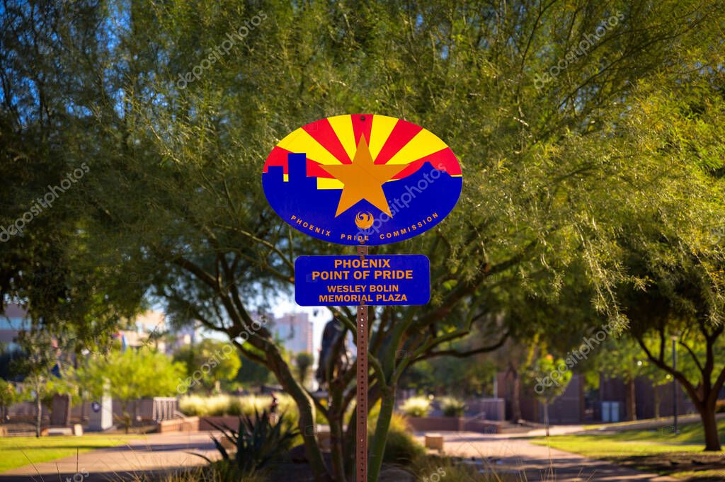 Phoenix, Arizona, USA - November 06, 2023 : Phoenix Point of Pride sign marking Wesley Bolin Memorial Plaza in downtown Phoenix. The Phoenix Points of Pride feature 33 landmarks and attractions.
