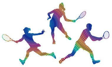 Set of silhouettes of tennis players from colored dots. Isolated vector image