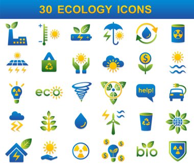 30 color icons. Ecology, environmental protection and weather vector icon set