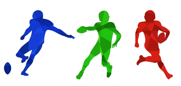 白い背景にアメリカのサッカー選手のシルエットのセット グリディロンサッカー選手の分離ベクトル画像 スポーツマンの抽象的な青 赤のベクトル画像 — ストックベクタ