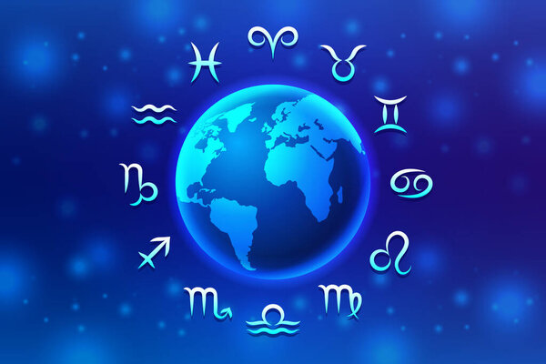 Astrology Zodiac Signs around the planet Earth in Space. Horoscope Symbols on Starry Background: Aries, Taurus, Gemini, Cancer, Leo, Virgo, Libra, Scorpio, Sagittarius, Capricorn, Aquarius, Pisces