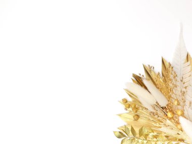 Bahar kartı. Pastanın üstü. Altın Palma yaprakları ve kuru çiçekler. Düz yatıyordu. Üst Manzara. Beyaz arka plan. Yüksek kalite fotoğraf