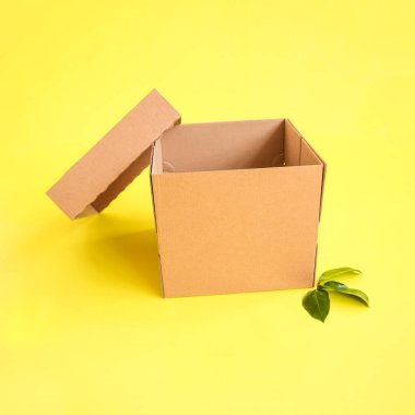 Yeşil yapraklı sarı arka planda el sanatları kutusunu aç. Üst Manzara. Mesaj ve logo için yer. Paketleme, üniforma tarzı, tatiller, hediyeler. Yüksek kalite fotoğraf