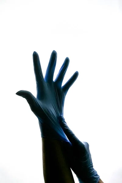 Mãos Luvas Estéreis Mãos Silhueta Preta Fundo Branco Medicina Esterilização — Fotografia de Stock