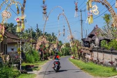 Bali, Indonezya - 16 Nisan 2017: Bali sokakları. Penjor Polonyalıları, yıllık Galungan kutlamasının bir parçası olarak görülebilir. Bisikletli bir insan görülebilir..
