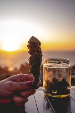 Büyük bir marihuana tomurcuğu tutan kırmızı tırnaklı eller (ot kafası), daha fazla marihuana tomurcukları ile dolu cam kavanoz ve güzel gün batımı gökyüzü ve deniz