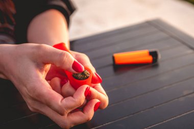 Kırmızı tırnaklı eller marihuanaya ot tomurcuğu koyuyor. Plastik turuncu boru ve güzel gün batımı ışığı olan turuncu çakmak.