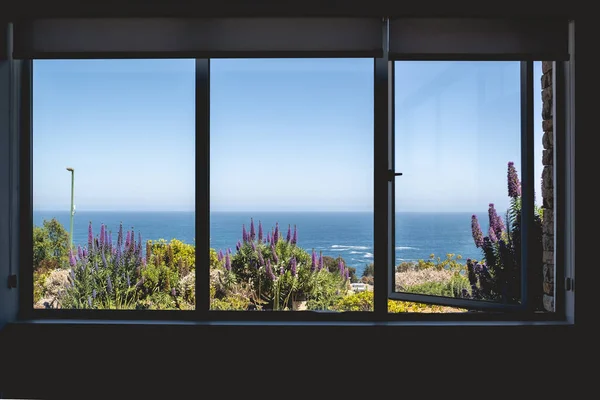 Großes Fenster Mit Schönem Blick Auf Das Meer Gras Und — Stockfoto