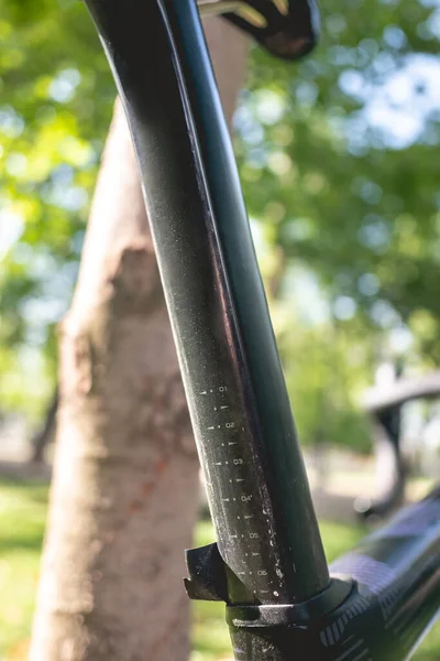 Details Zur Sattelstütze Eines Profi Fahrrads Park Einem Sonnigen Tag — Stockfoto