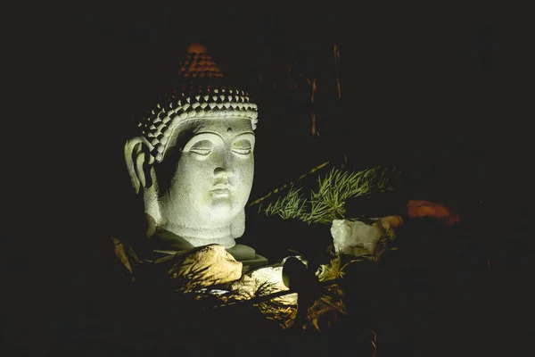 Buddha head sculpture in the garden of temple with light in the face in the night