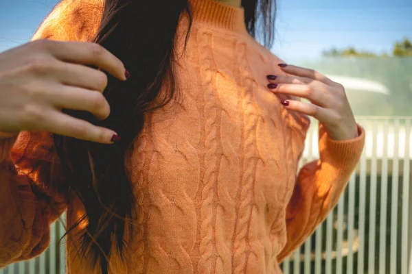 Closeup Girl Beautiful Hands Dark Nails Orange Sweater Fabric Details — Stock Photo, Image