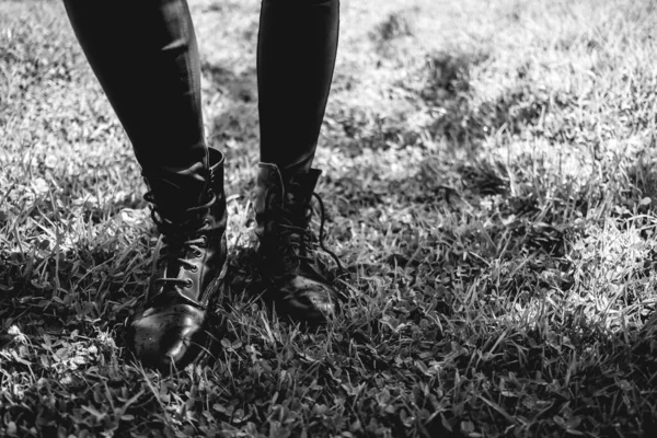 Style Park Details Feet Legs Person Black Eco Leather Pants Stock Image