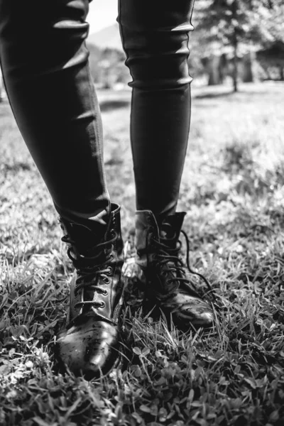 Style Park Details Feet Legs Person Black Eco Leather Pants Stock Picture