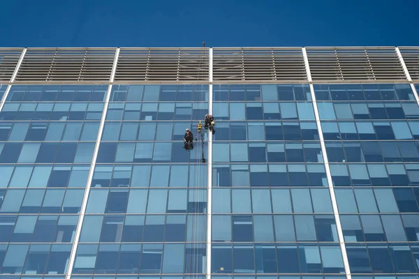 清洁摩天大楼的艺术 蓝天下的玻璃建筑和悬挂的玻璃清洁剂 — 图库照片