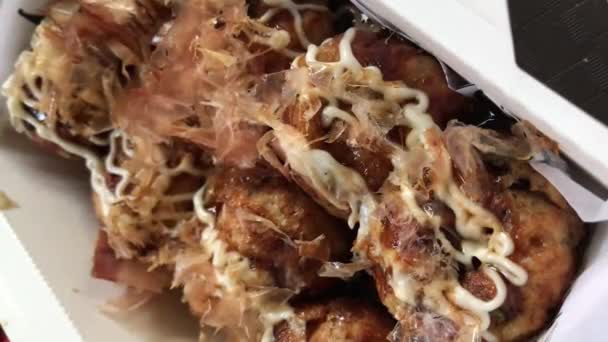 Delicious Takoyaki Delight Closeup Traditional Japanese Street Food Savory Sauces — Stock Video