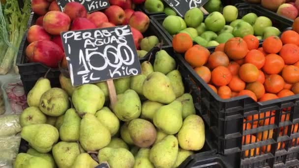 Eksploracja Rynku Ameryki Łacińskiej Kolorowe Świeże Owoce Warzywa Skrzyniach Słoneczny — Wideo stockowe