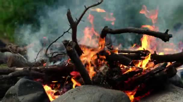 Detail Eines Brennenden Lagerfeuers Mit Rauch Und Flammen Und Unkenntlich — Stockvideo