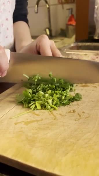 Precise Hands Chopping Fresh Cilantro Herb Coriander Rustic Wooden Board — Stock Video