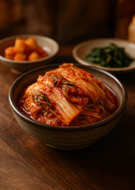 Geleneksel Kore kimchisi (acı biberli mayalanmış sebze) ahşap masada seramik kasede servis edilir.