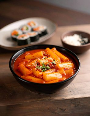 Kimbap ve tabakta tteokbokki olan zarif Kore yemek sahnesi.