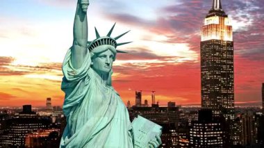 Özgürlük Heykeli ve Manhattan şehir merkezi Skylines, NYC, ABD