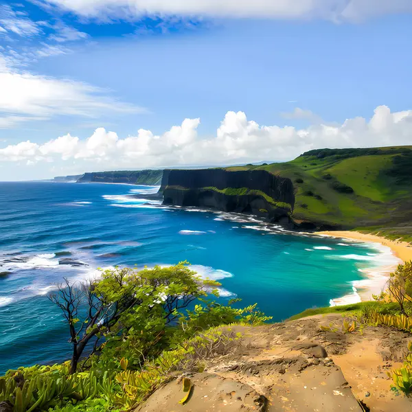 Güzel Hawaii plajı ve uçurumlarının bir çizimi