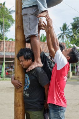 Kebumen Endonezya, 17 Ağustos 2022: Panjat Pinang yarışması, Panjat Pinang geleneksel Endonezya Bağımsızlık Günü kutlamaları.