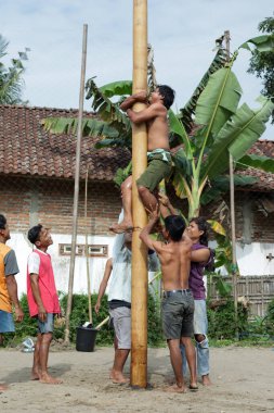 Kebumen Endonezya, 17 Ağustos 2022: Panjat Pinang yarışması, Panjat Pinang geleneksel Endonezya Bağımsızlık Günü kutlamaları.