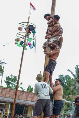 Kebumen Endonezya, 17 Ağustos 2022: Panjat Pinang yarışması, Panjat Pinang geleneksel Endonezya Bağımsızlık Günü kutlamaları.