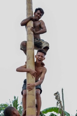 Kebumen Endonezya, 17 Ağustos 2022: Panjat Pinang yarışması, Panjat Pinang geleneksel Endonezya Bağımsızlık Günü kutlamaları.