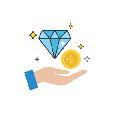 Ellerinde bir dolar işareti olan değerli elmas ve altın para var. Finans kavramları, lüks, yatırım ve zenginlik temaları için ideal.