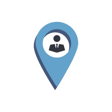 Beyaz daireli mavi harita rozeti ve takım elbiseli insan, iş yeri için mükemmel ya da seyahat konsepti tasarım projeleri.