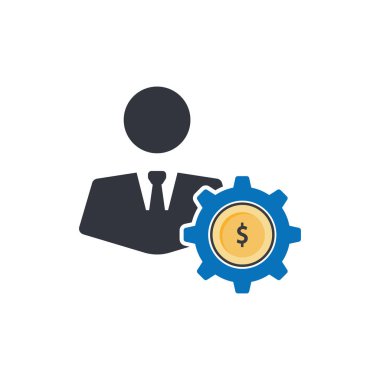 İş adamı, kravat, mavi dişli, altın sikke, dolar işareti. 