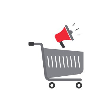 Gri alışveriş arabasının üstünde kırmızı megafon..