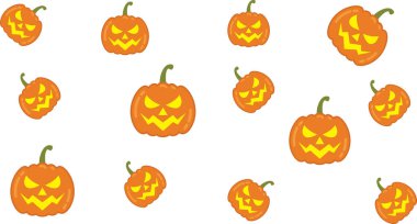 Beyaz arka planda yeşil saplı mutlu turuncu balkabağı. Cadılar Bayramı süslemeleri, sonbahar tasarımları veya mevsimlik sosyal medya paylaşımları için mükemmel..