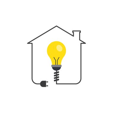 Evin içindeki ampul kabloyla özetlenir; ev enerjisi verimliliğini, elektrik kullanımını, tasarımda akıllı ev kavramlarını göstermek için idealdir.