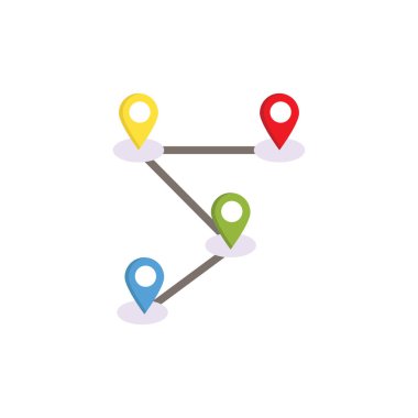 Çizgilerle birbirine bağlanmış dört renkli konum işareti bir rotayı gösteriyor. Bilgi grafikleri, seyahat planlaması veya konum tabanlı sunumlar için uygundur.
