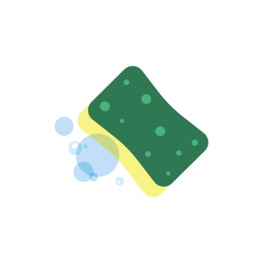 Yeşil temizlik süngeri köpükler sabunlu suyu sarar.