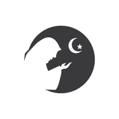 Silhouette of a person praying with a crescent moon and star icon