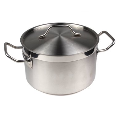 Beyaz arka planda kapağı izole edilmiş paslanmaz çelik kap