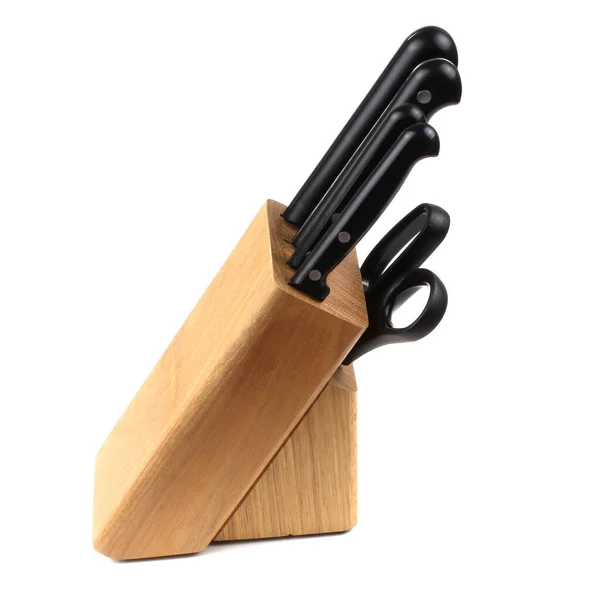Drewniany Stojak Noże Izolowane Białym Tle — Zdjęcie stockowe