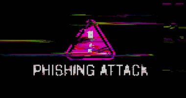 Phishing attack with distorted and glitch effect 3d illustration. Computer hacking, virus attack and data theft abstract concept. Noised retro tv style background.