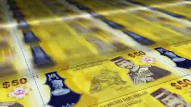 Brunei Dollar money sheet printing. BND banknotes loop print. Seamless and looped background concept of finance, economy crisis, inflation and business.