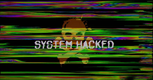 System hacked with distorted and glitch effect 3d illustration. Computer hacking, cyber attack and security breach abstract concept. Noised retro tv style background.