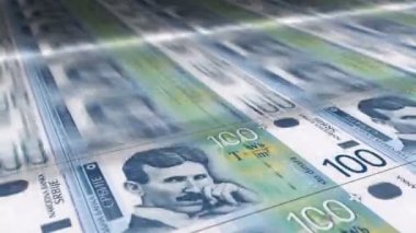 Sırbistan Dinar para kâğıdı basımı. RSD banknotları döngü baskısı. Kusursuz ve döngülü finans kavramı, ekonomi krizi, enflasyon ve iş dünyası.