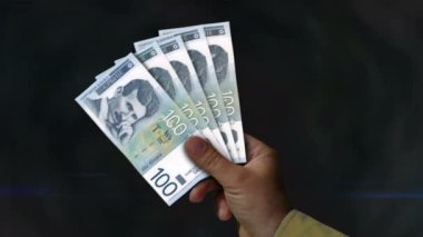 Sırbistan Dinarı 'nın parası elinde. Eldeki banknotların hayranıyım. RSD kağıt para. Gelir, başarı, iş, vergi, ekonomi ve finans kavramı.