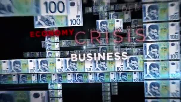 塞尔维亚Dinar金钱回圈3D动画 相机在Rsd钞票之间飞行 商业成功 债务和税收无缝循环概念 — 图库视频影像