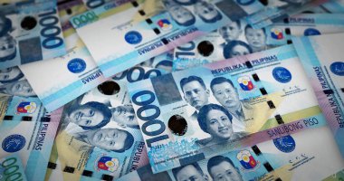 Filipinler 'in Peso sayfası. 3D resimli baskı. PHP banknotları finans, ekonomi krizi, enflasyon ve işletme arka plan kavramı.